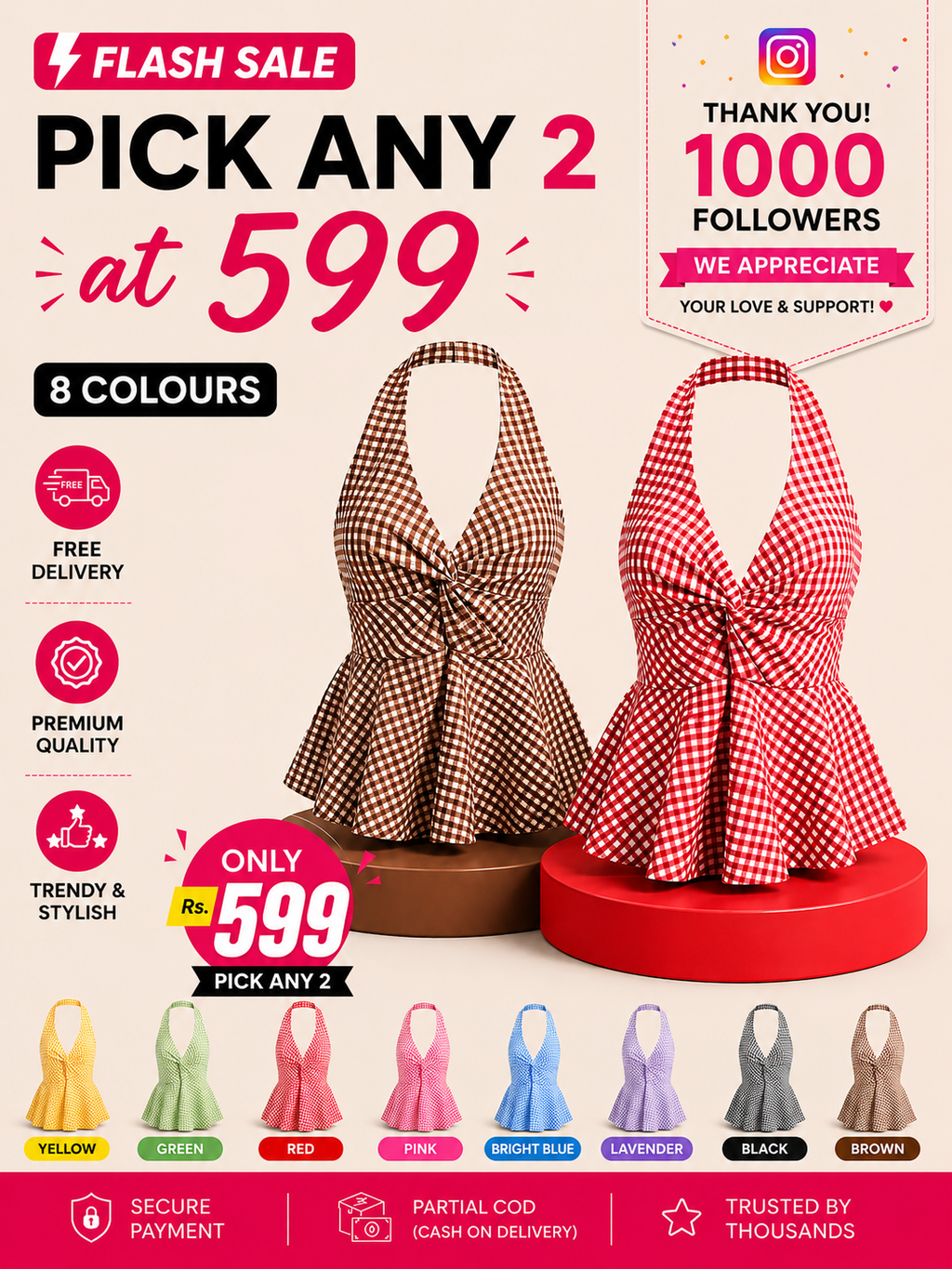 Gingham Halter Top - Pack of 2 | Red & Brown