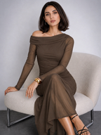 Brown One Shoulder Mesh Maxi Dress | Party & Evening Wear | Kadambarie