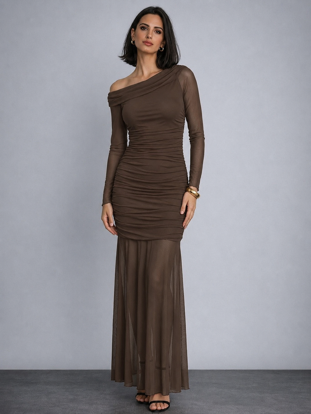 Brown One Shoulder Mesh Maxi Dress | Party & Evening Wear | Kadambarie