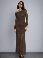 Brown One Shoulder Mesh Maxi Dress | Party & Evening Wear | Kadambarie