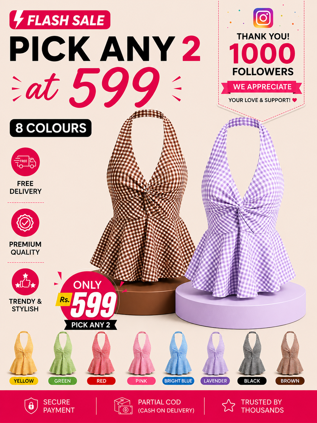 Gingham Halter Top - Pack of 2 | Lavender & Brown