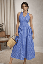 Gingham Halter Maxi Dress for Women | Checkered Flowy Summer Dress | Kadambarie - Kadambarie | By Jiya Lal Kapoor & Grandson