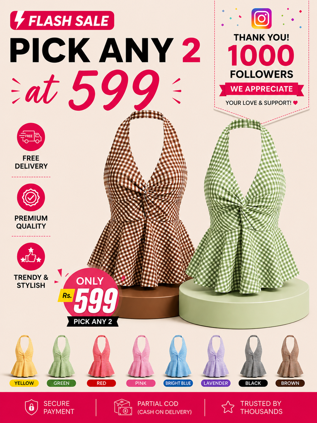 Gingham Halter Top - Pack of 2 | Green & Brown