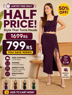 Wine Ribbed Ruched Midi Skirt Co-Ord Set | Scallop Crop Top with Side Slit | Kadambarie