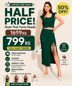 Emerald Green Ribbed Ruched Midi Skirt Co-Ord Set | Scallop Crop Top with Side Slit | Kadambarie
