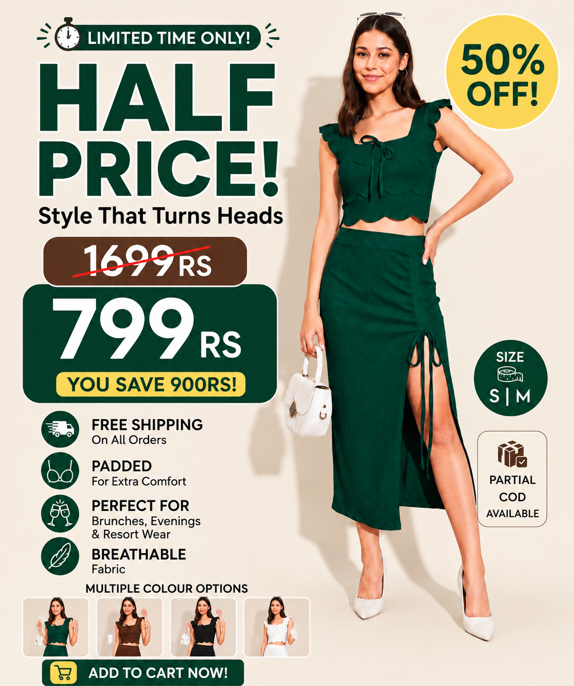 Emerald Green Ribbed Ruched Midi Skirt Co-Ord Set | Scallop Crop Top with Side Slit | Kadambarie