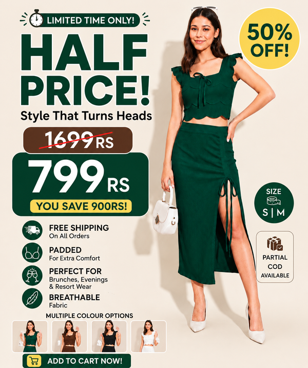 Emerald Green Ribbed Ruched Midi Skirt Co-Ord Set | Scallop Crop Top with Side Slit | Kadambarie