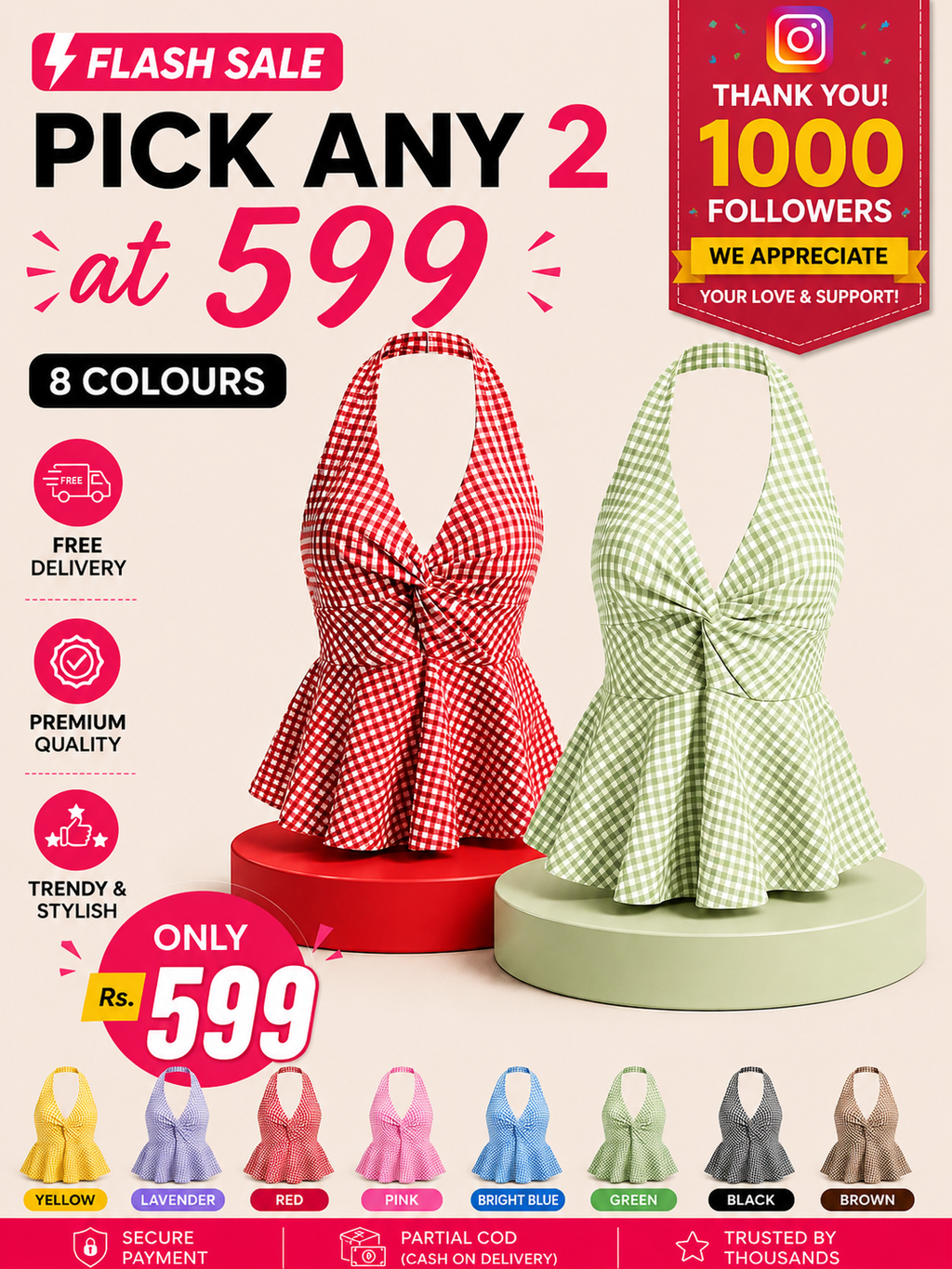 Gingham Halter Top - Pack of 2 | Red & Green