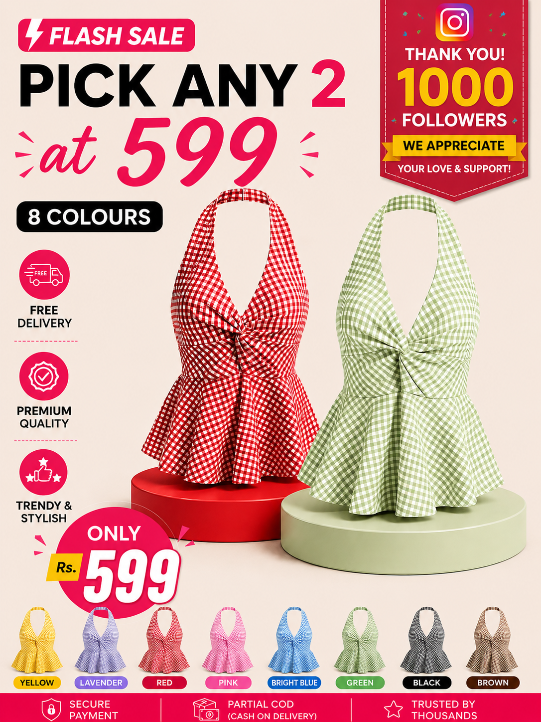 Gingham Halter Top - Pack of 2 | Red & Green
