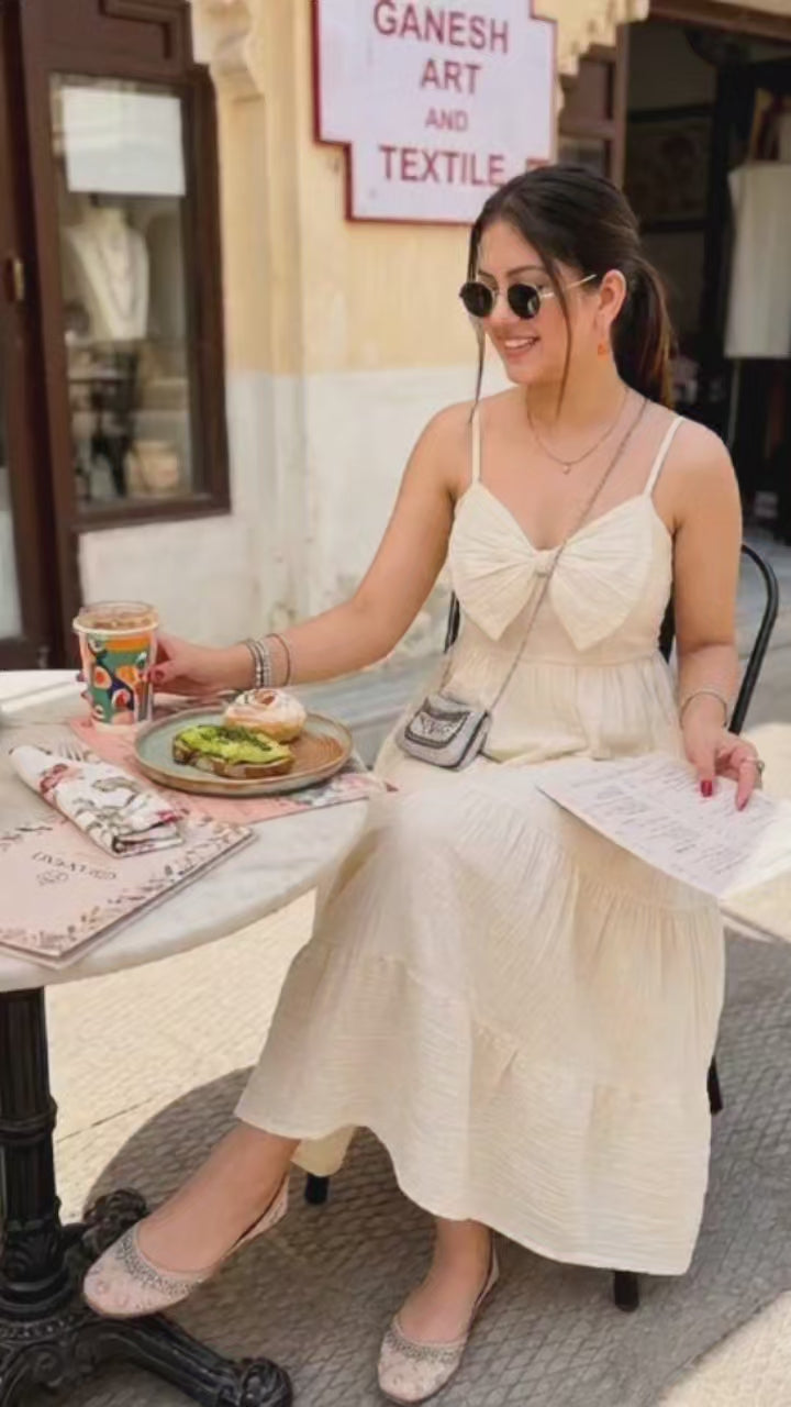 Cream Bow Front Tiered Midi Dress | Kadambarie