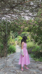 Pink Gingham Halter Maxi Dress for Women | Open Back Tie Dress India | Kadambarie