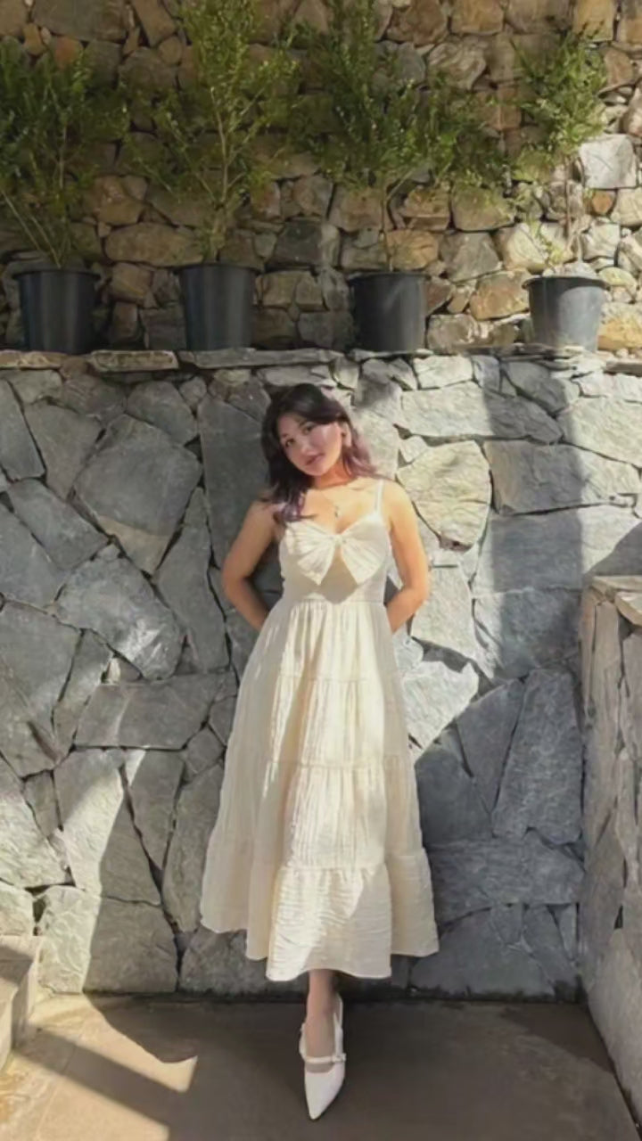 Cream Bow Front Tiered Midi Dress | Kadambarie