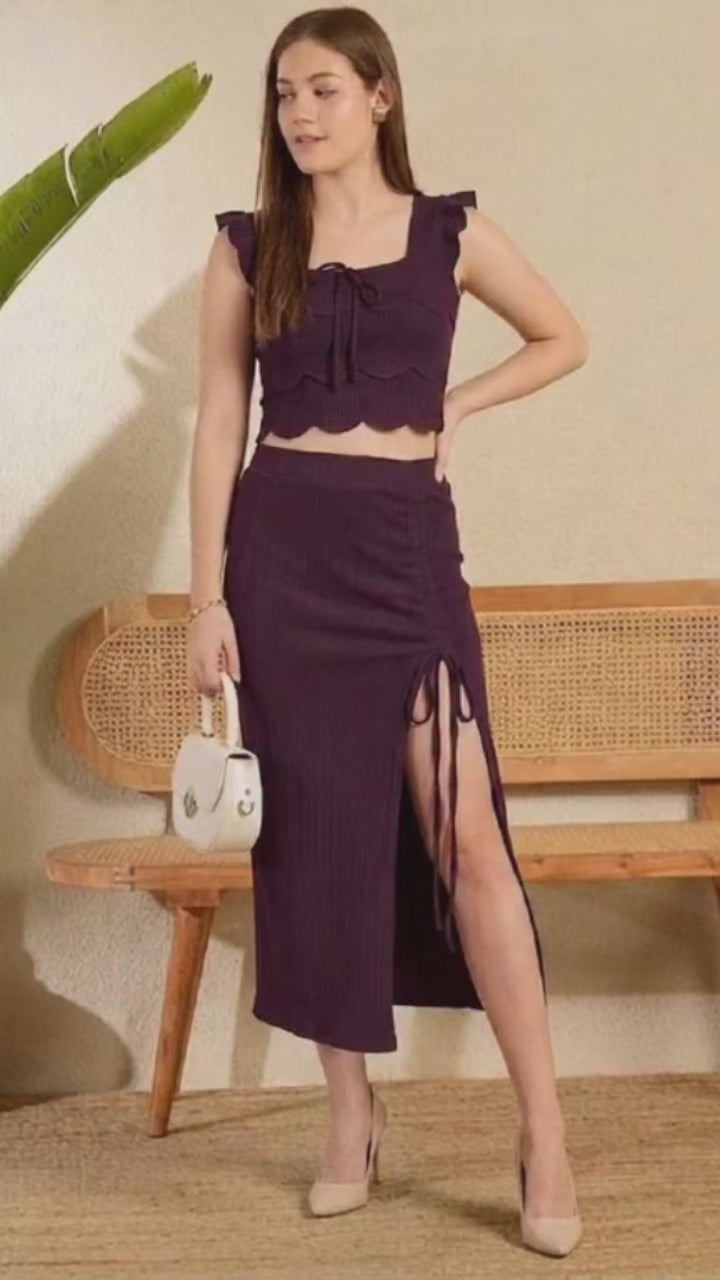 Wine Ribbed Ruched Midi Skirt Co-Ord Set | Scallop Crop Top with Side Slit | Kadambarie