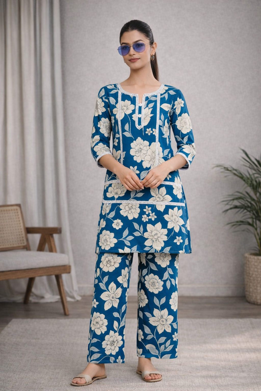 Blue Floral Printed Kurta Set with Straight Pants