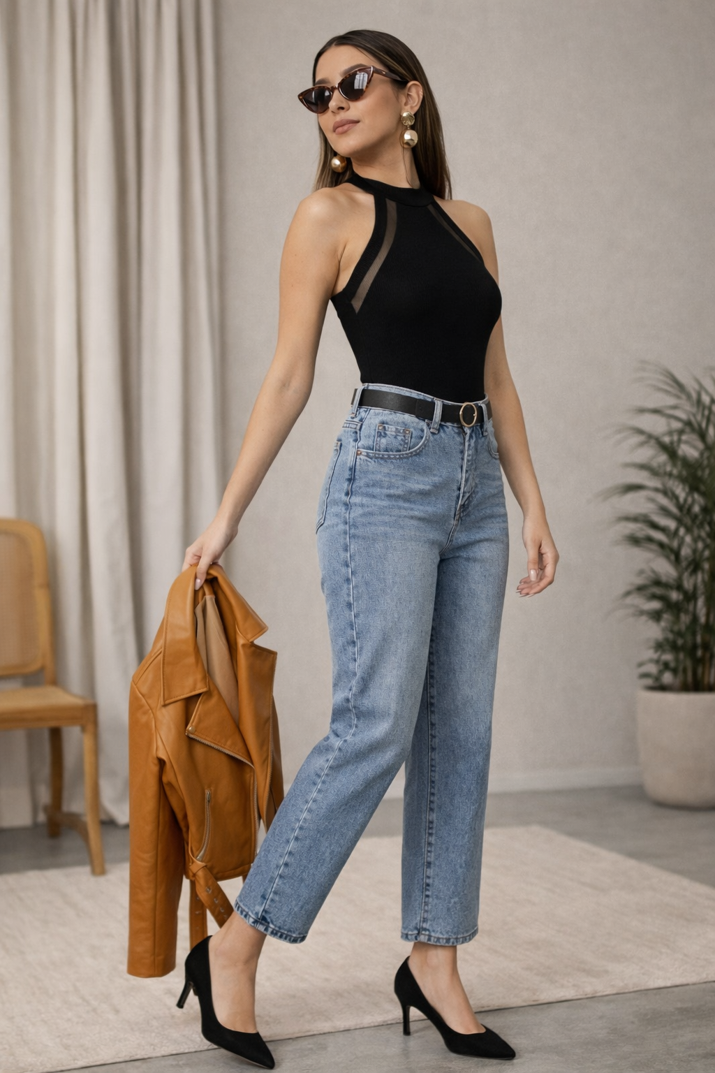 Eclipse Noir Sheer-Panel Halter Neck Top