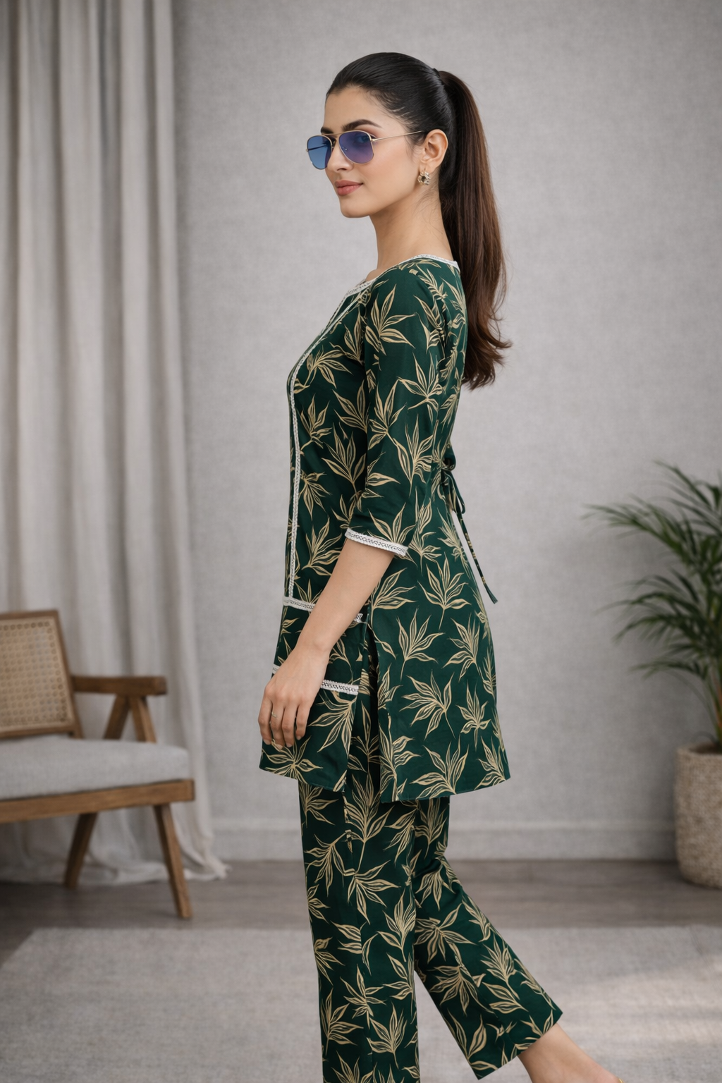 Emerald Leaf Printed Kurta Set with Straight Pants