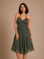 Green Halter Neck Georgette A-Line Midi Dress
