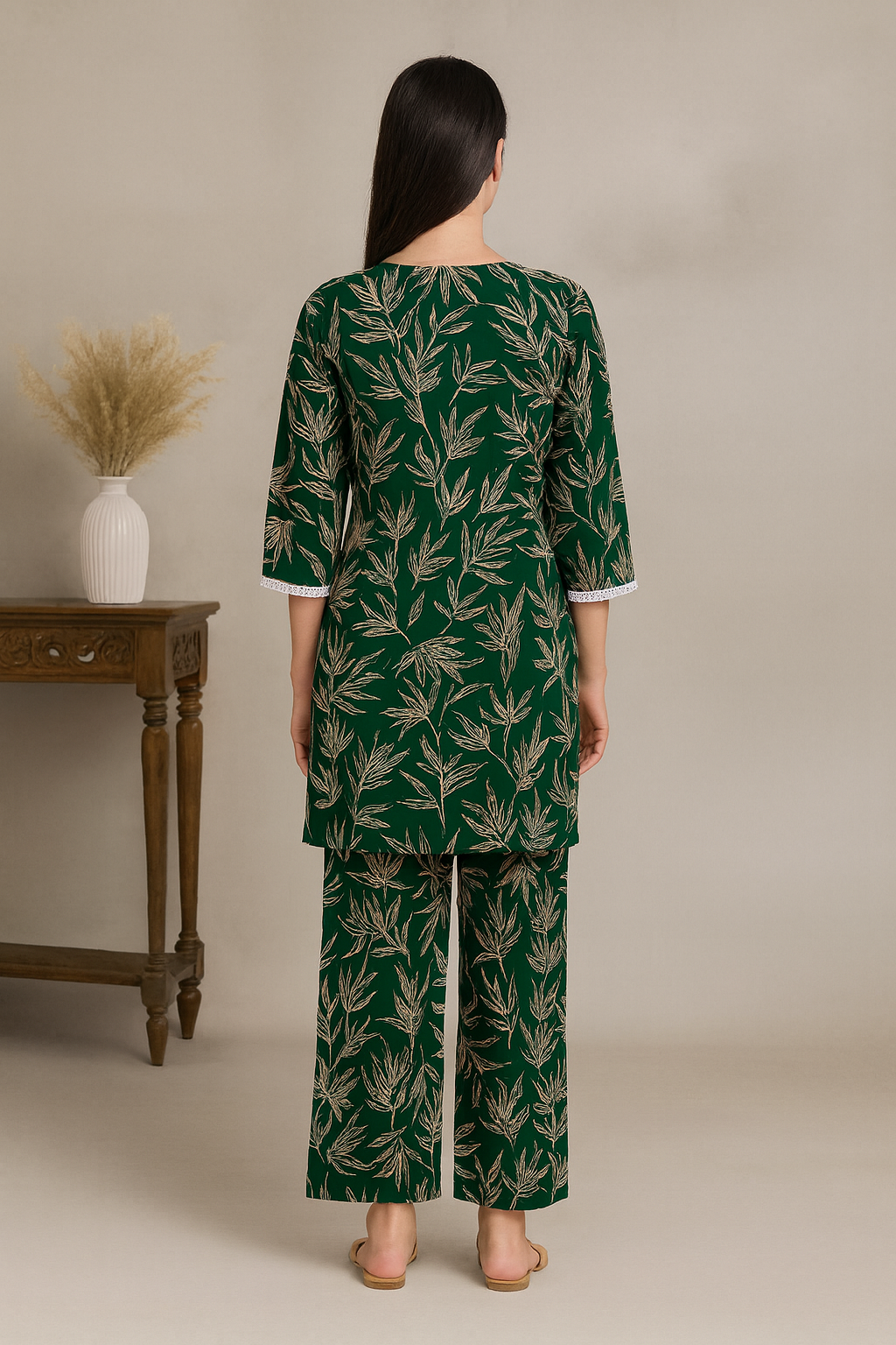 Emerald Leaf Printed Kurta Set with Straight Pants