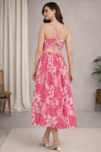 Pink Tropical Leaf Print Strappy Midi Dress with Tie-Up Back