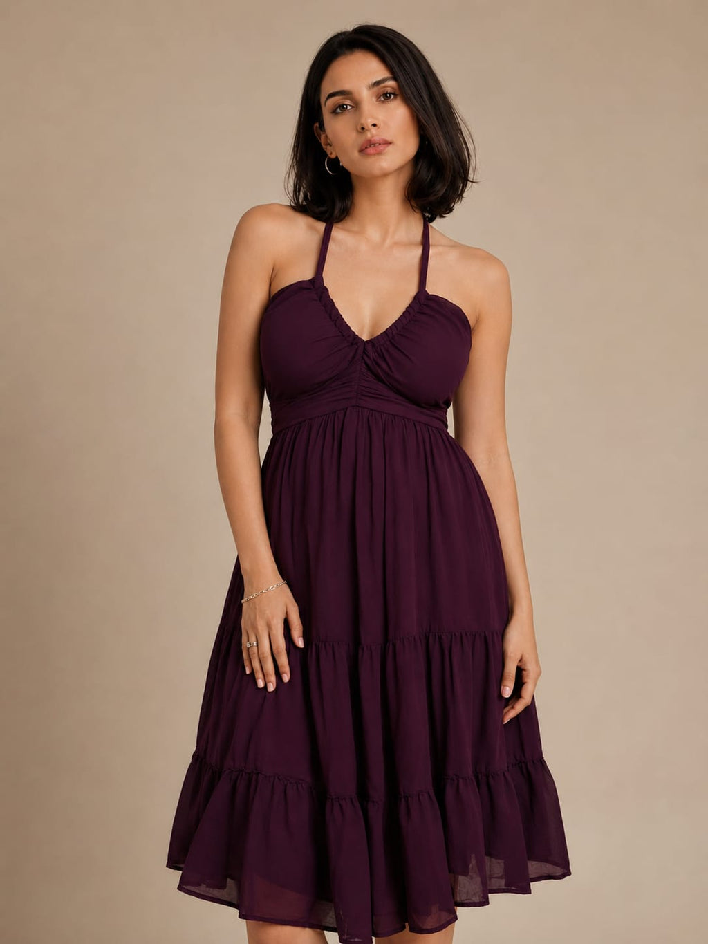 Wine Halter Neck Georgette A-Line Midi Dress