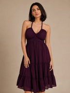 Wine Halter Neck Georgette A-Line Midi Dress