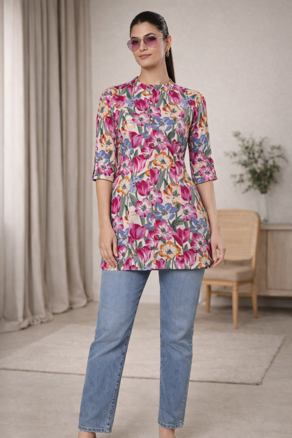 Blush Bloom Floral Printed Straight Kurti Top