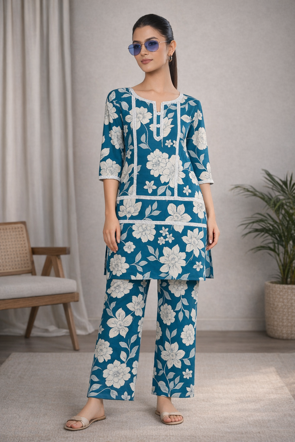 Blue Floral Printed Kurta Set with Straight Pants