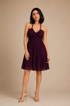 Wine Halter Neck Georgette A-Line Midi Dress