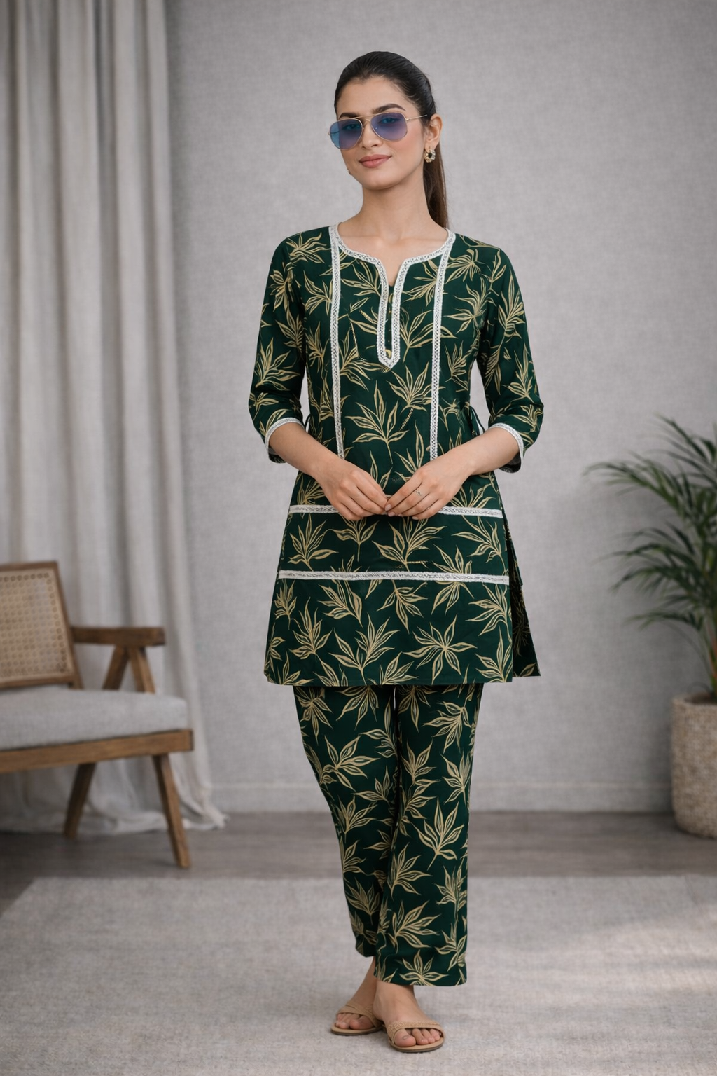 Emerald Leaf Printed Kurta Set with Straight Pants