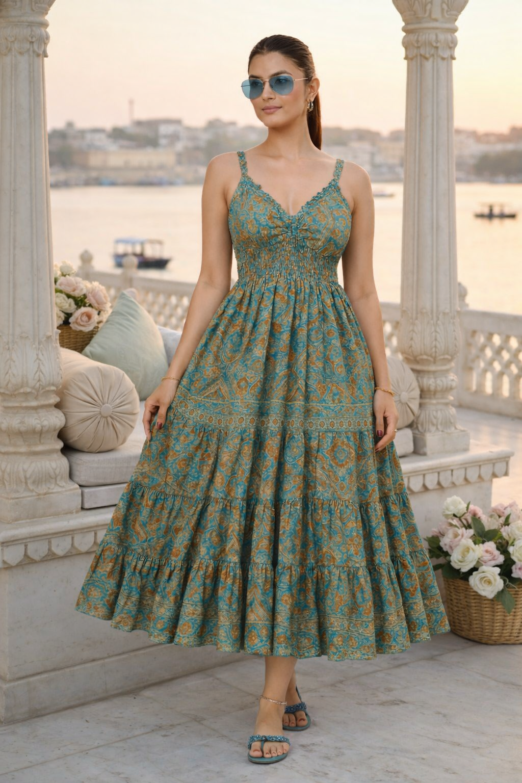 Teal Paisley Smocked Boho Midi Dress