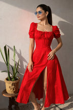 Red Corset Maxi Dress for Women | Scarlet Puff Sleeve Long Dress | Kadambarie - Kadambarie | By Jiya Lal Kapoor & Grandson