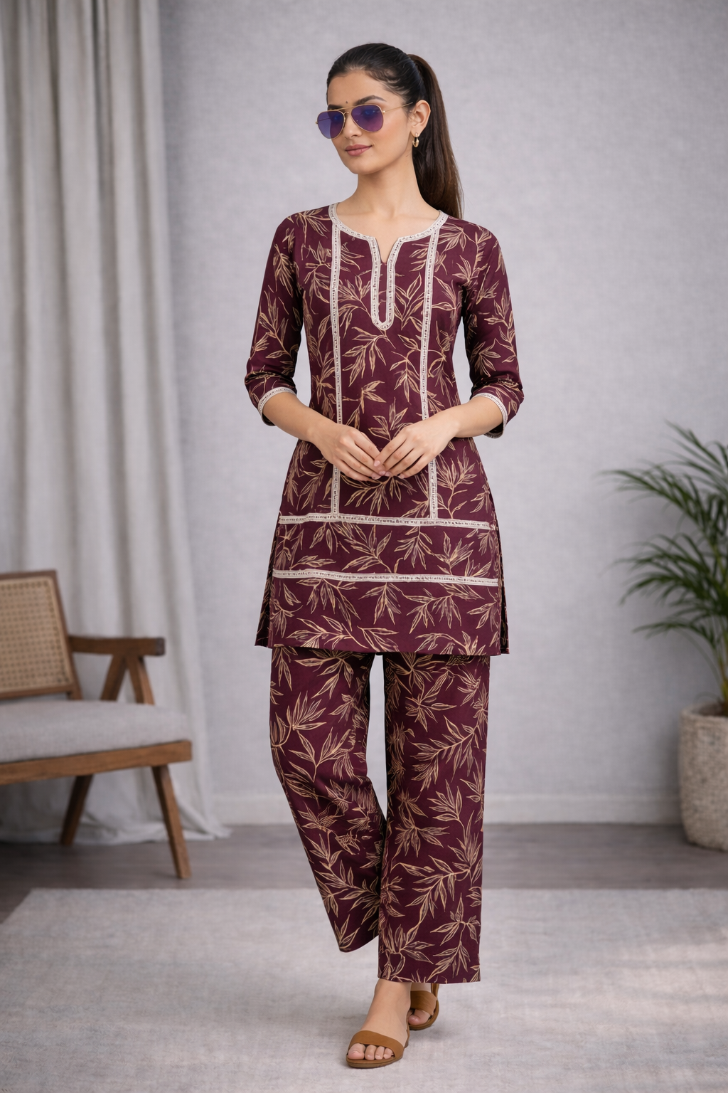 Wine Purple Leaf Printed Kurta Set with Straight Pants