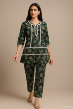 Emerald Leaf Printed Kurta Set with Straight Pants