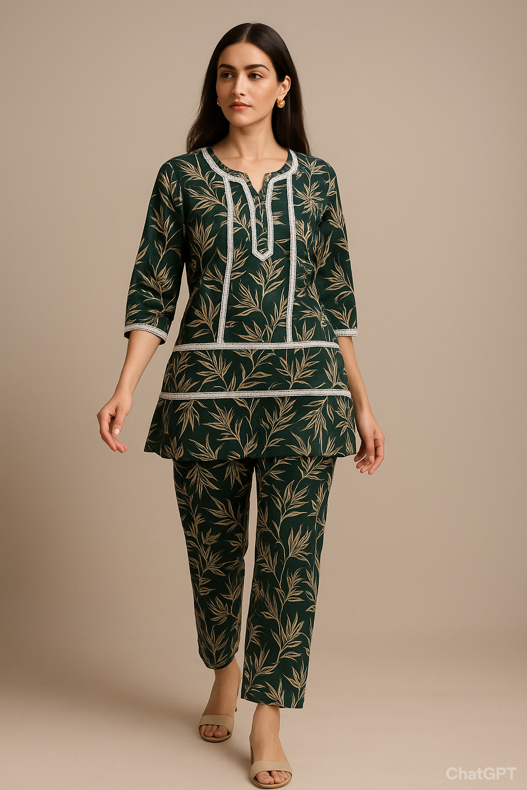 Emerald Leaf Printed Kurta Set with Straight Pants