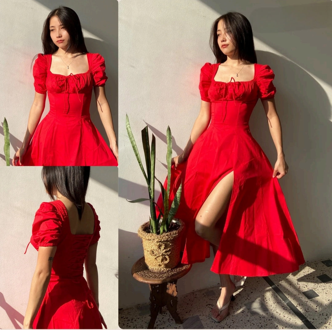 Crimson Romance Puff-Sleeve Maxi Dress