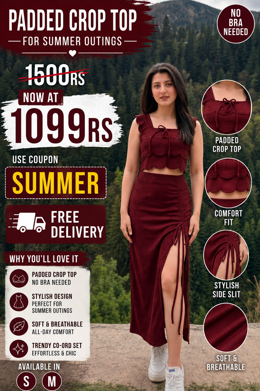 Maroon Ribbed Ruched Midi Skirt Co-Ord Set | Scallop Crop Top with Side Slit | Kadambarie