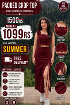 Maroon Ribbed Ruched Midi Skirt Co-Ord Set | Scallop Crop Top with Side Slit | Kadambarie
