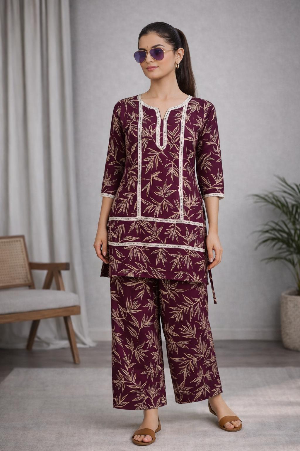 Wine Purple Leaf Printed Kurta Set with Straight Pants