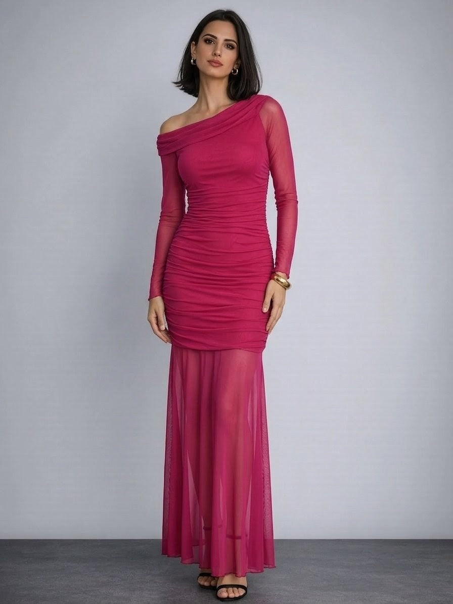 Hot Pink One Shoulder Mesh Maxi Dress | Party & Evening Wear | Kadambarie