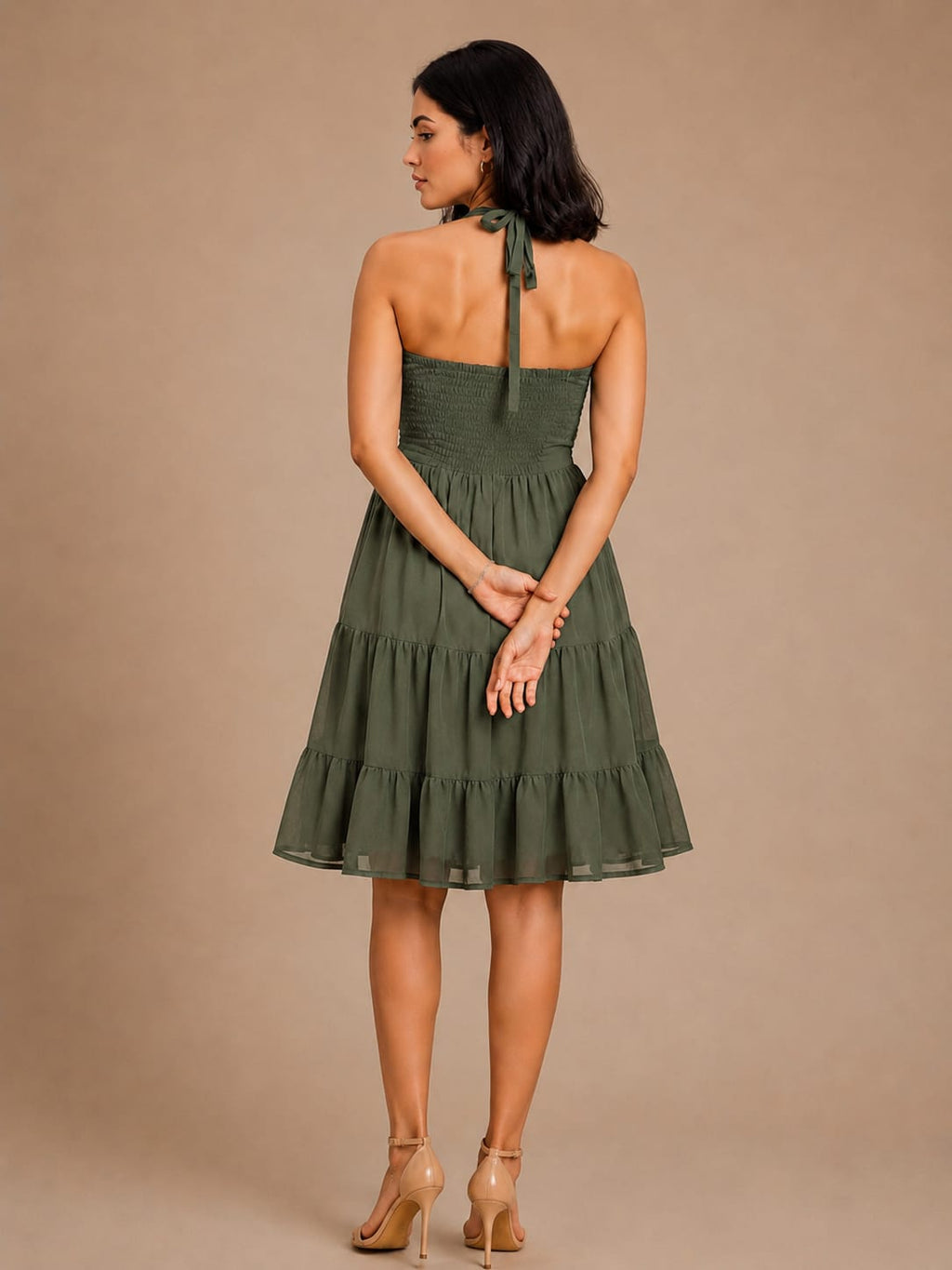 Green Halter Neck Georgette A-Line Midi Dress