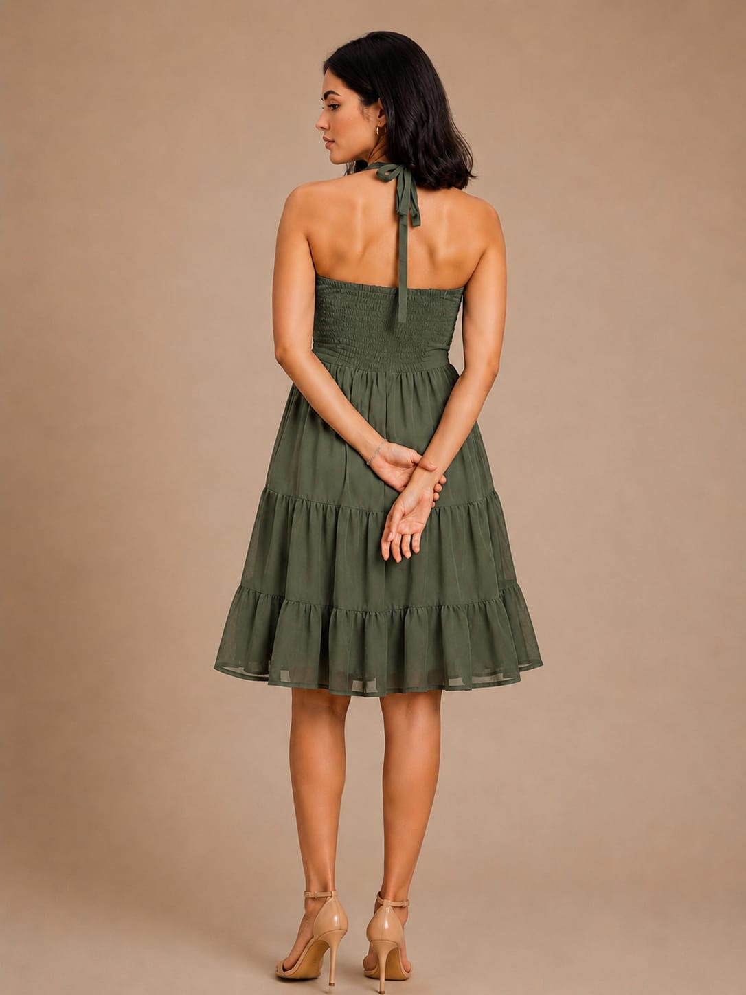 Green Halter Neck Georgette A-Line Midi Dress