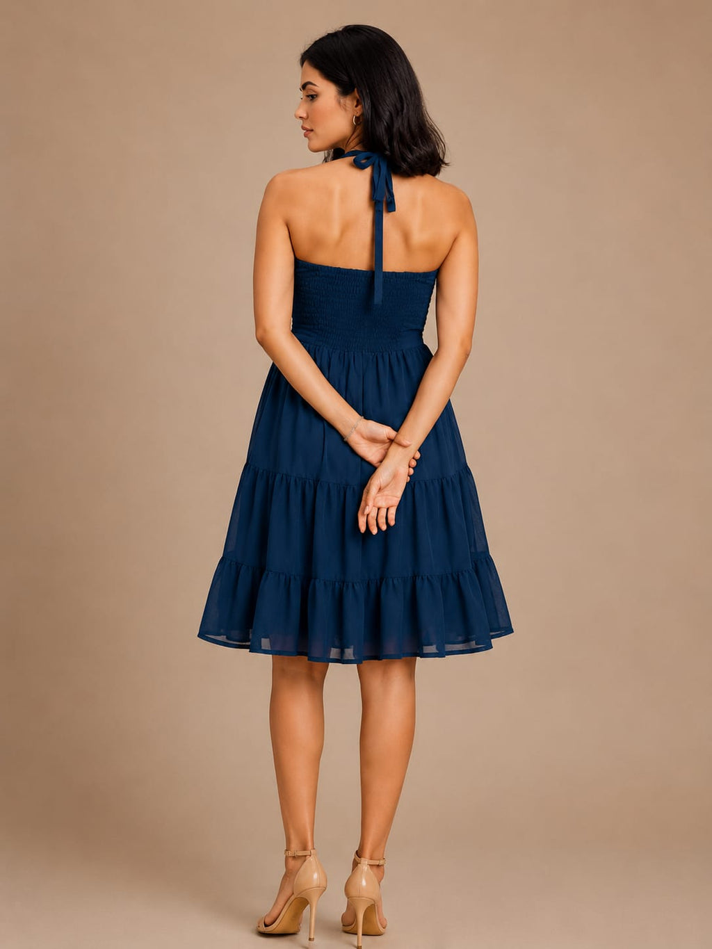 Navy Blue Halter Neck Georgette A-Line Midi Dress