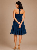 Navy Blue Halter Neck Georgette A-Line Midi Dress