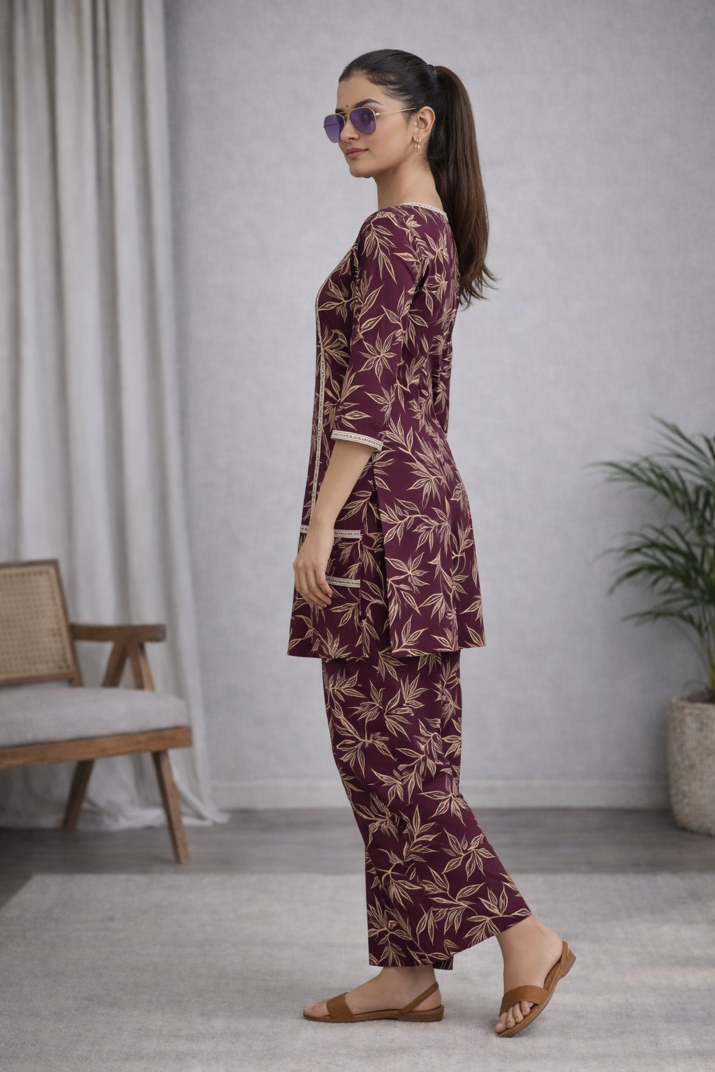 Wine Purple Leaf Printed Kurta Set with Straight Pants