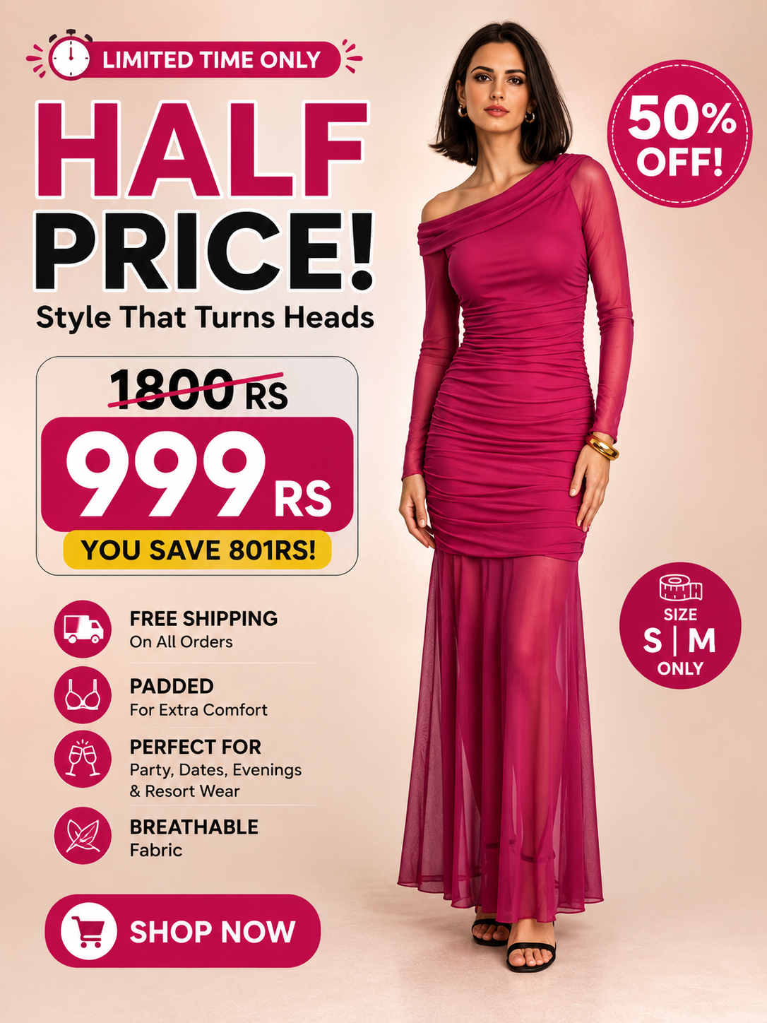 Hot Pink One Shoulder Mesh Maxi Dress | Party & Evening Wear | Kadambarie