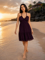 Wine Halter Neck Georgette A-Line Midi Dress