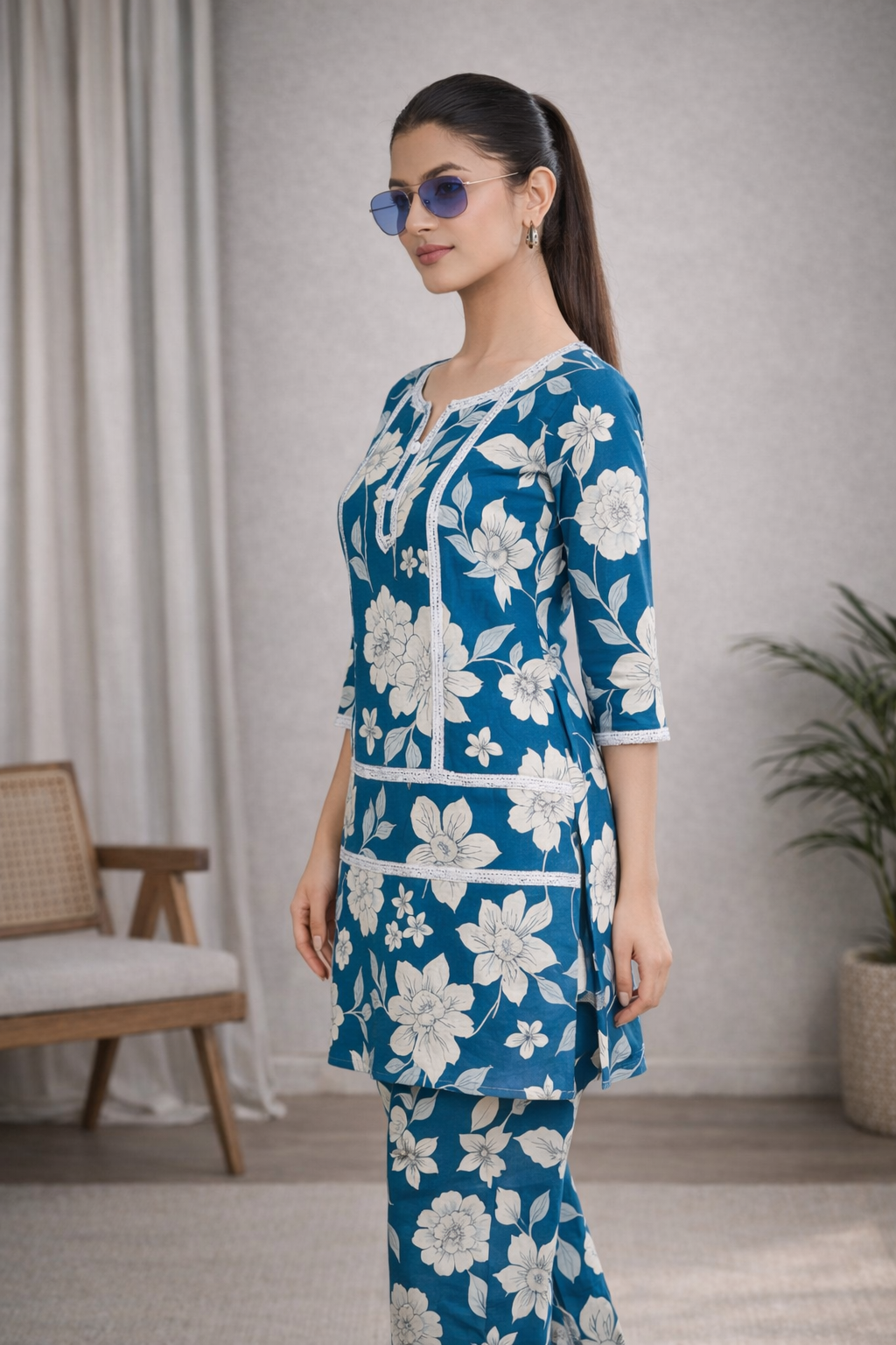 Blue Floral Printed Kurta Set with Straight Pants