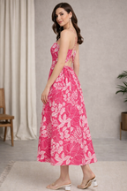 Pink Tropical Leaf Print Strappy Midi Dress with Tie-Up Back