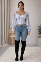 Springtime Serenity: The Azure Floral Bishop - Sleeve Crop☁️ - Kadambarie | By Jiya Lal Kapoor & Grandson