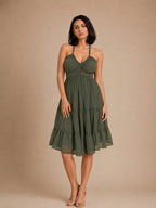 Green Halter Neck Georgette A-Line Midi Dress